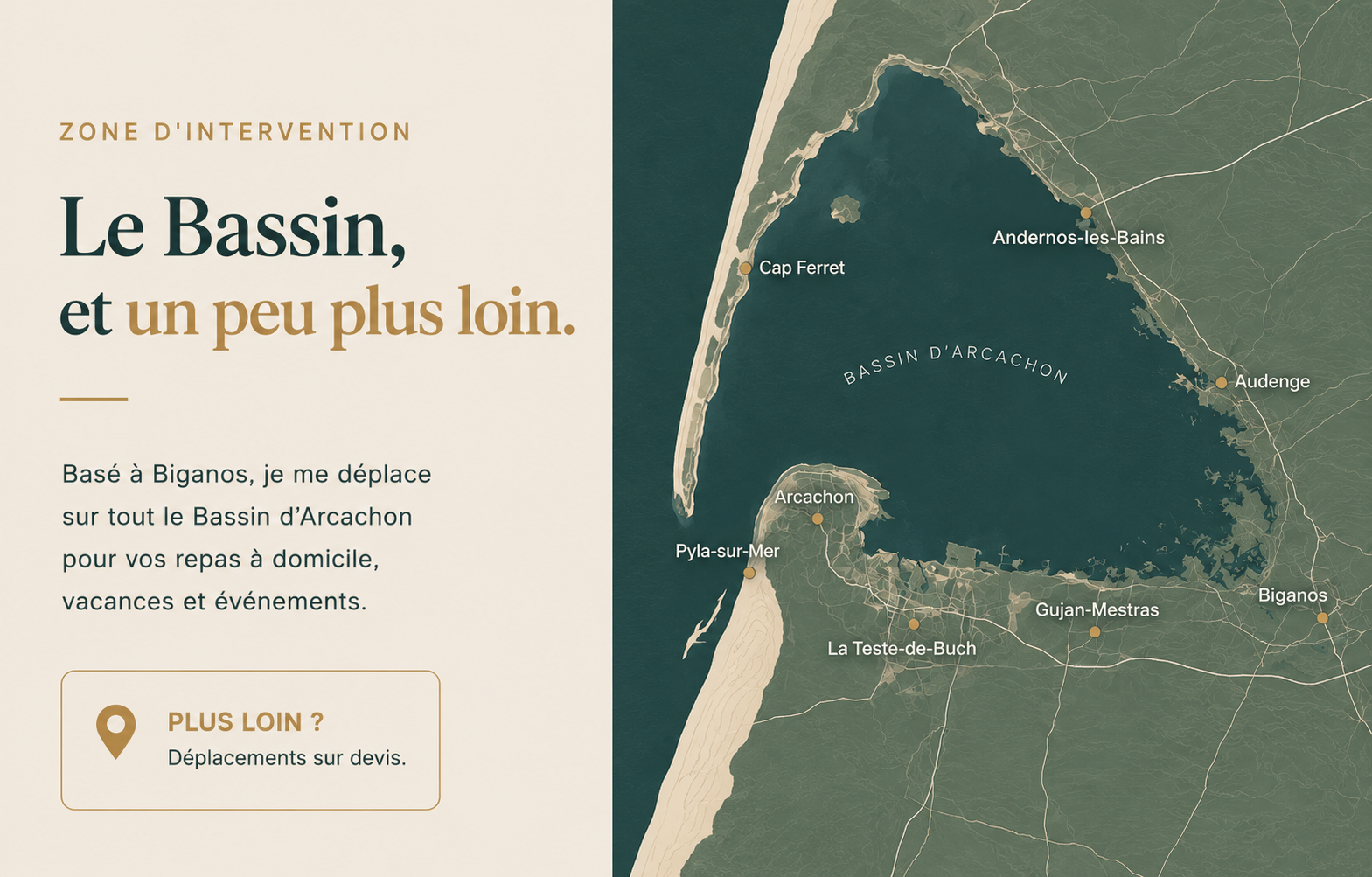 Zone d'intervention — Bassin d'Arcachon : Cap Ferret, Andernos, Arcachon, Pyla, La Teste-de-Buch, Gujan-Mestras, Audenge, Biganos